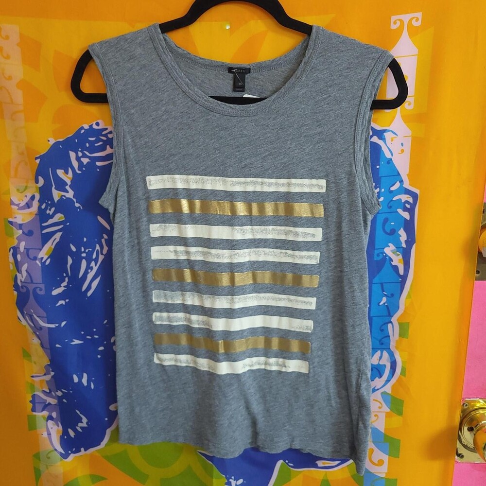 J.CREW Sleeveless Top XS Gray Cotton Blend with Gold and White Stripes